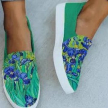 Green round toe canvas shoes with faux leather floral design and low heel