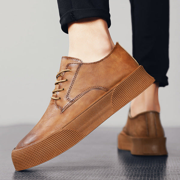 Brown lace-up platform shoes for men with low top and round toe design