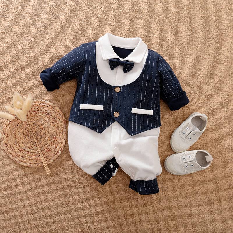 Navy blue and white long-sleeved baby jumpsuit with bow tie and formal gentleman style for spring and autumn.