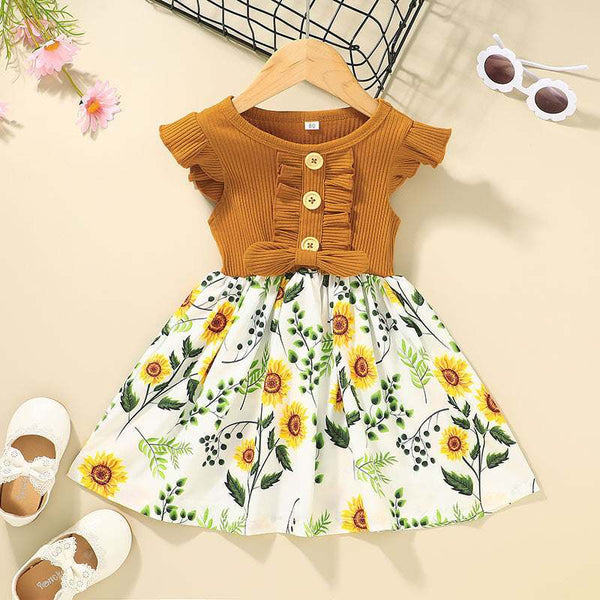 Toddler baby girls summer dress with brown ruffle top and sunflower print skirt