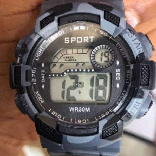Men's sports pointer electronic watch with round dial and alloy case in black and gray design