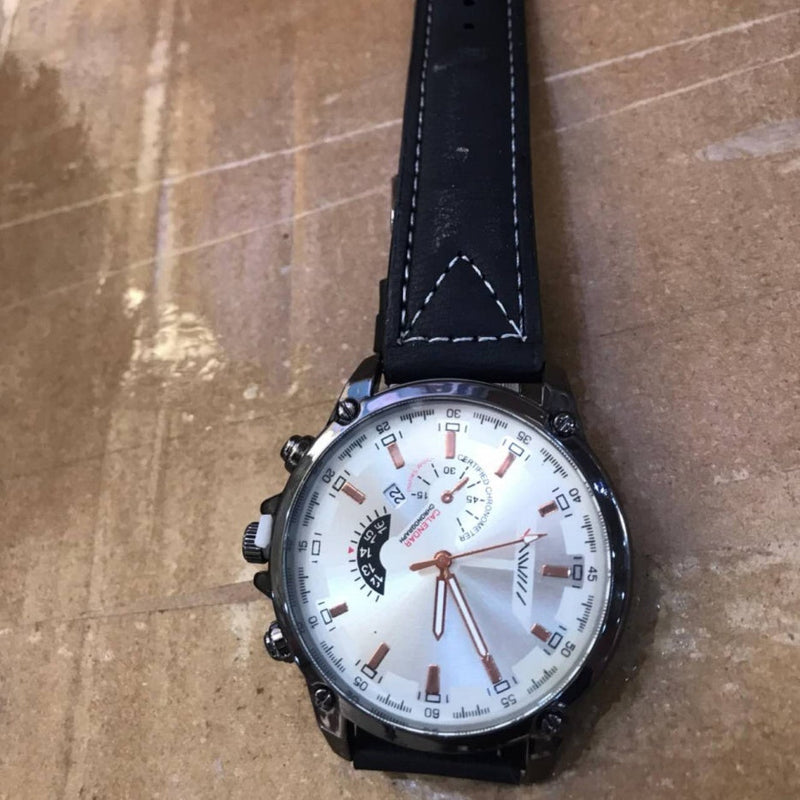 Men's quartz sports watch with round dial, alloy case, black leather strap, and pointer display