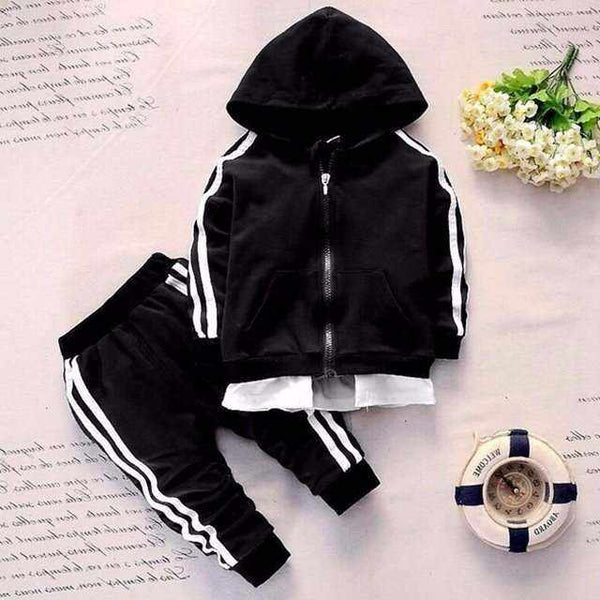 Black baby kids sports suit with hooded jacket and striped pants for 9 to 12 months old.
