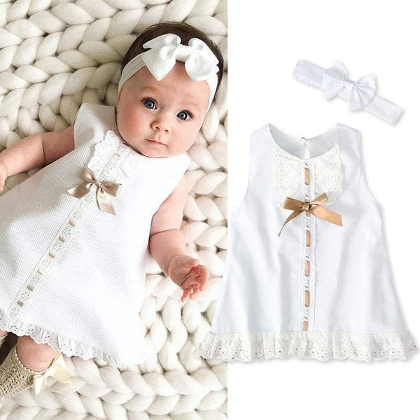White girls baby sleeveless bow skirt dress with headband and lace details