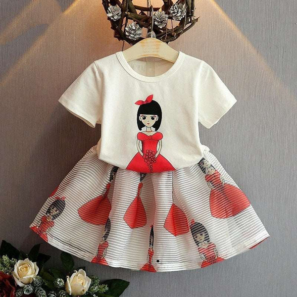 Kids baby girls summer clothing set with printed white T-shirt and striped skirt with red doll design