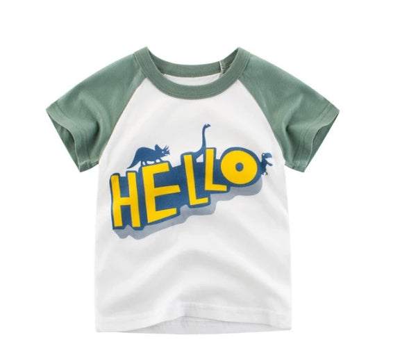 Children's summer short sleeve cotton T-shirt with green sleeves and "HELLO" dinosaur print in yellow and blue
