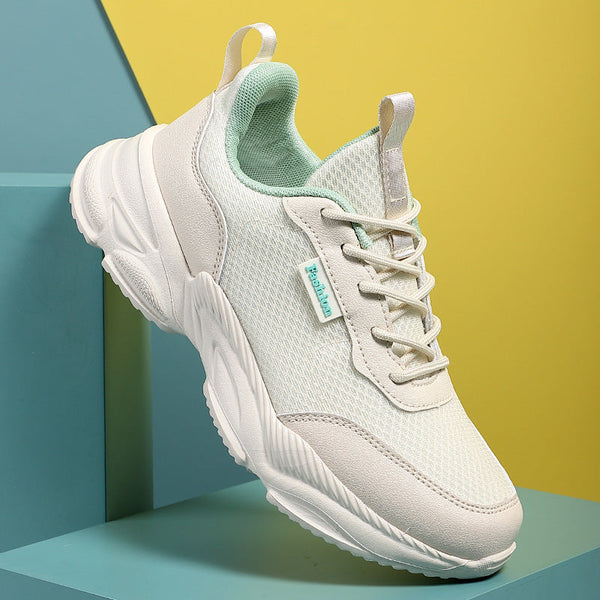 Beige green mesh running plus size lightweight breathable casual women's shoe with EVA sole and low heel