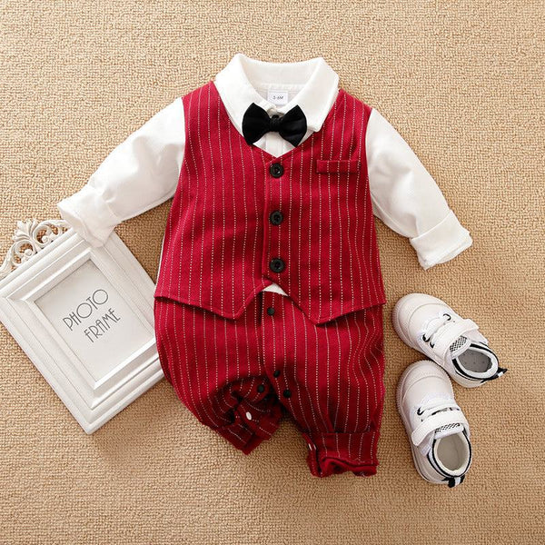 Baby boy autumn clothing romper with red pinstripe vest, white shirt, black bow tie, and matching shoes on beige background