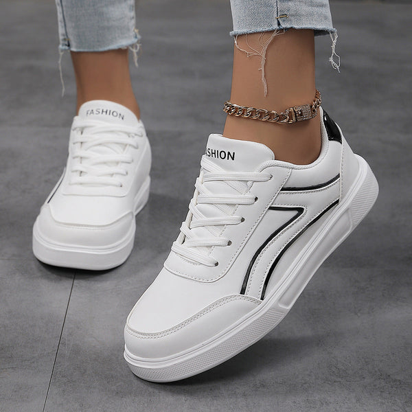 White plus size board shoes for women with black stripe detail and lace-up design