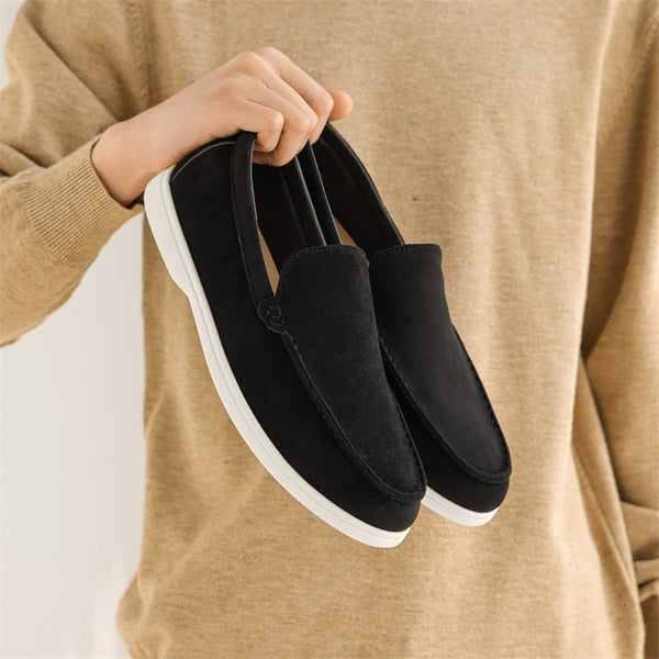 Black slip-on soft bottom leisure driving shoes with round toe and canvas upper