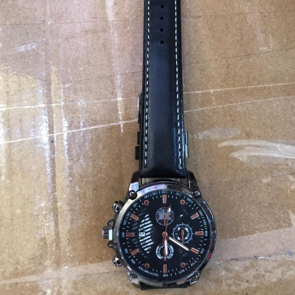 Men's leather strap sports quartz watch with round black dial and alloy case