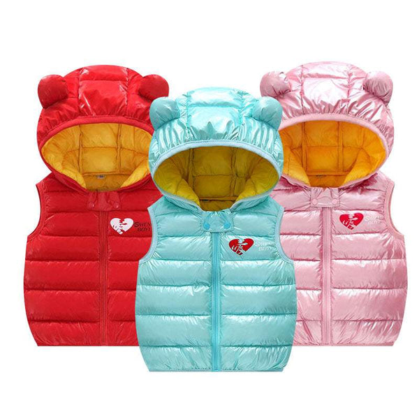 Three colorful children hooded jackets with bear ear designs in red, blue, and pink, featuring sleeveless warm down vest style for boys and girls.