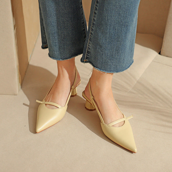 Women's chunky heel pointed leather low heel sandals in lemon yellow with stitching detail and casual style