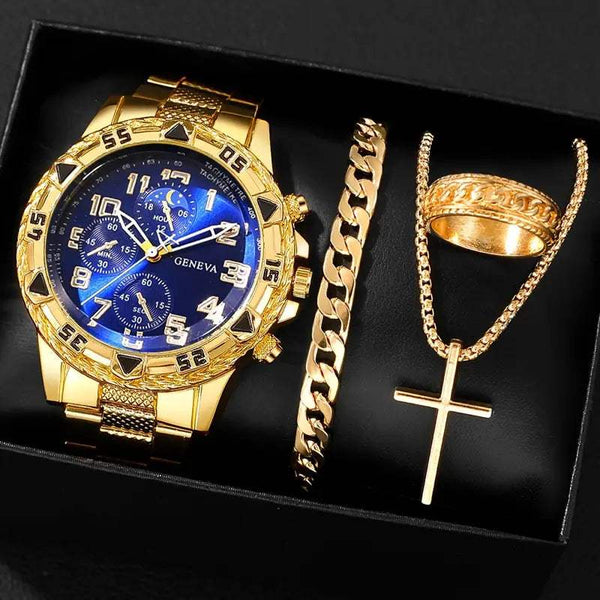 Men's gold blue light glass business watch set with bracelet, ring, and cross necklace in black box