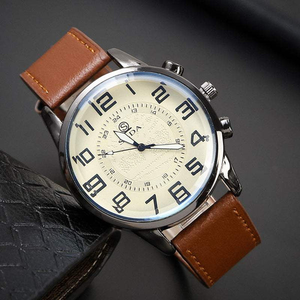 Men's digital dial quartz watch with brown leather strap and large black numerals on white dial