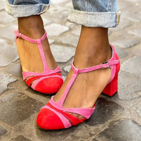 Red pink suede high heel round head women's sandals with color matching straps and ankle buckle closure
