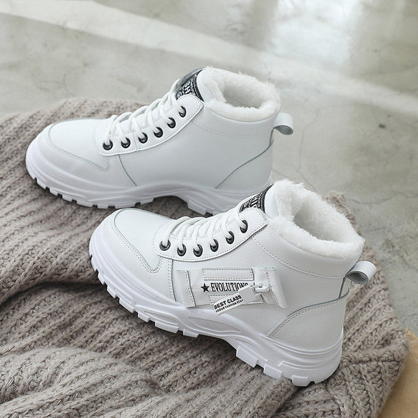 Korean style student white high-top warm Martin boots with fur lining and rubber soles