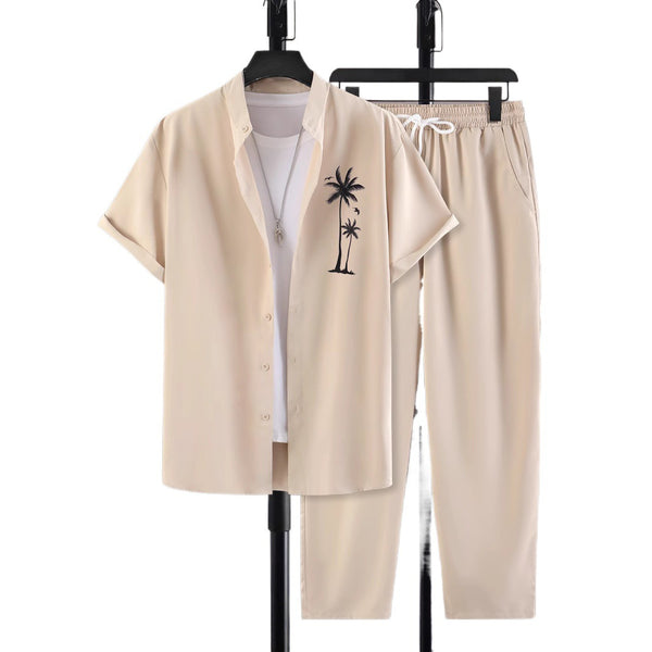 Men's European-size Coconut Printed Short-sleeved Shirt Trousers