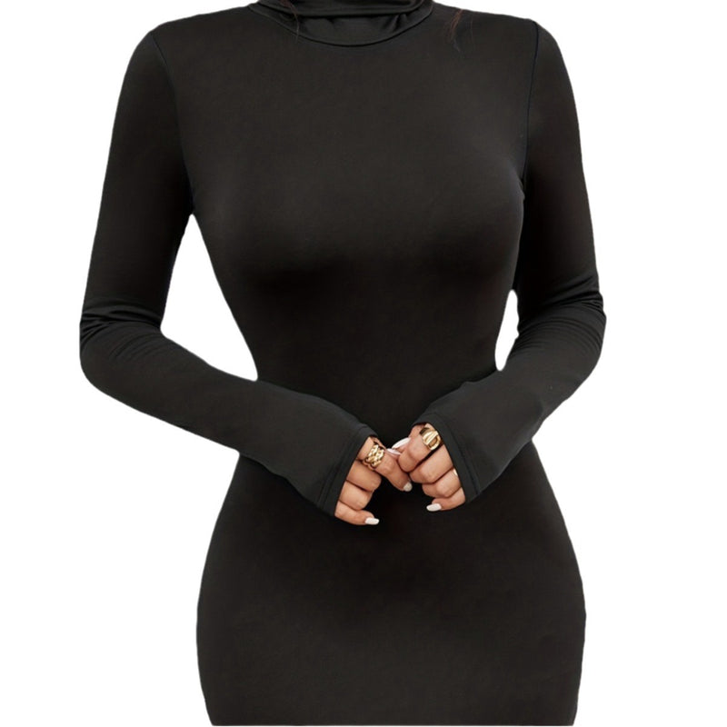 Brushed Black Turtleneck Slim Fit Dress Slimming Long Sleeves All-matching