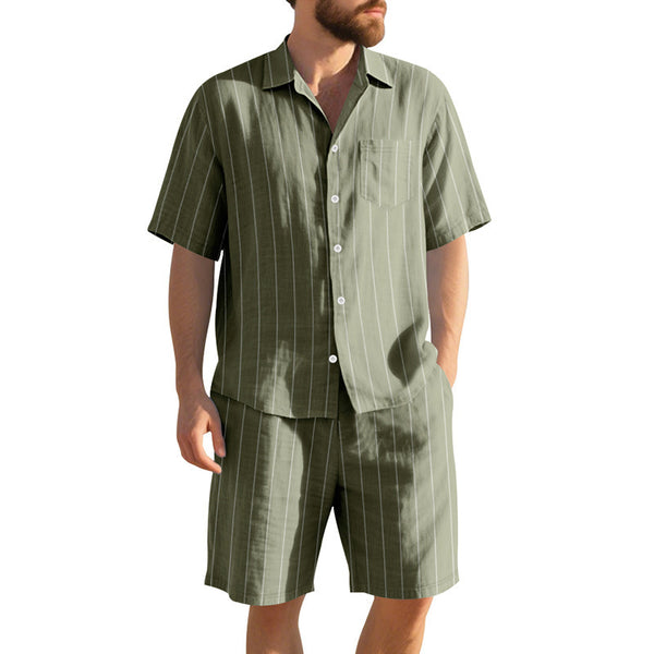 Men's Striped Jacquard Loose Short Sleeve Shirt Beach Shorts Two-piece Set