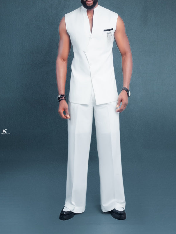 White Sleeveless Mandarin - Collar Vest And Trousers Set