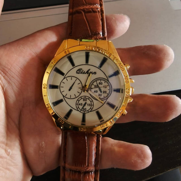 Men's sports watch with gold alloy round dial and brown leather strap