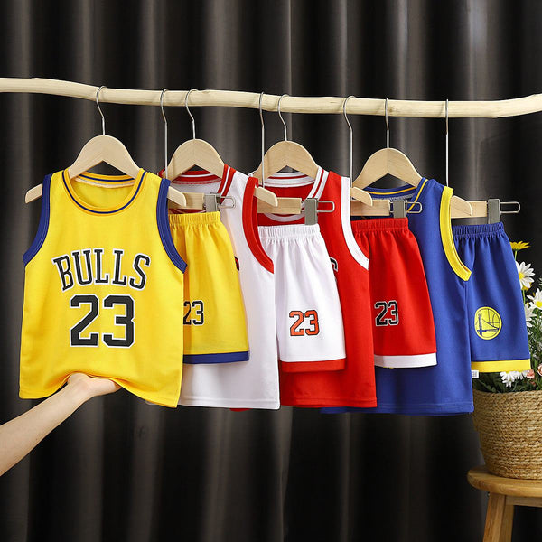 Children's sports basketball clothing set with sleeveless tops and shorts in various colors including yellow, white, red, and blue.