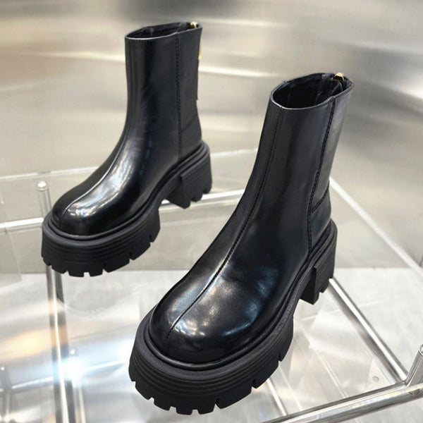 Black Autumn and Winter Korean style chunky heel short tube fashion boots for women with round toe and back zipper
