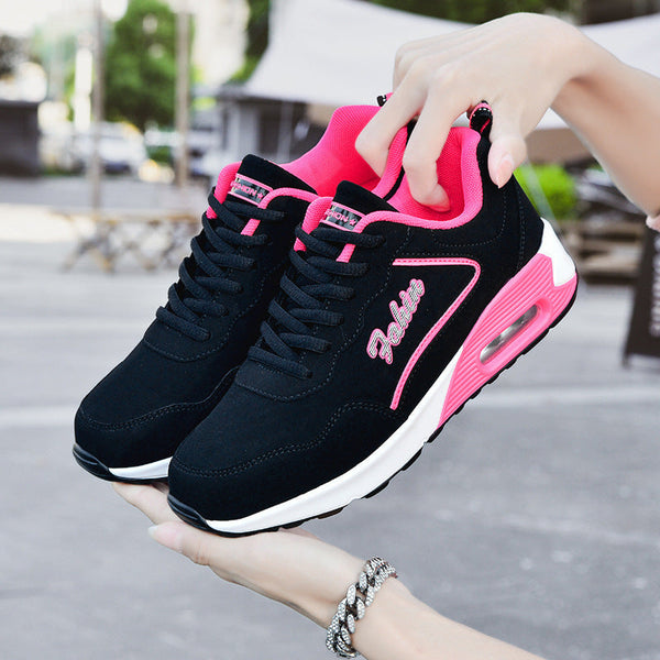 Plus size black and pink spring leather air cushion sports shoes for women with mesh lining and flat sole