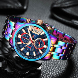 Personalized waterproof quartz watch with multifunctional magic color shell and steel bracelet