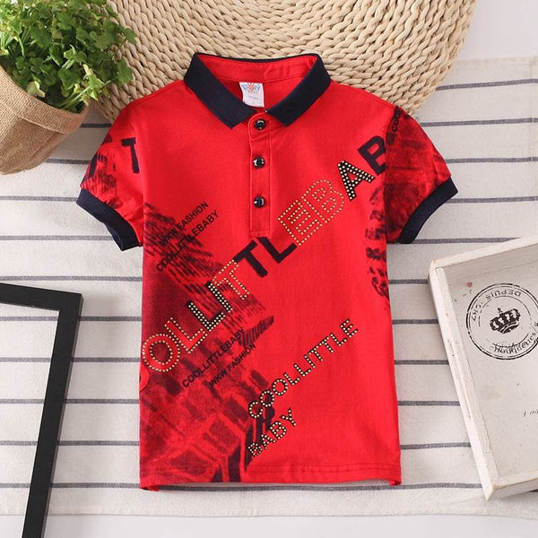 Red kids shirt boys with black collar and short sleeves, printed text design, cotton fabric for children 3-8 years.