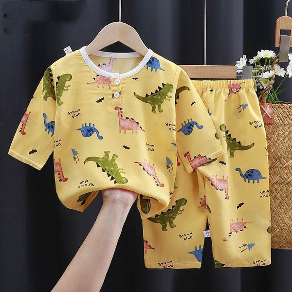 Yellow cotton silk baby summer clothes with colorful dinosaur prints and short sleeves pajamas set