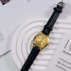 Men's leather strap sports quartz watch with round gold dial and black leather band